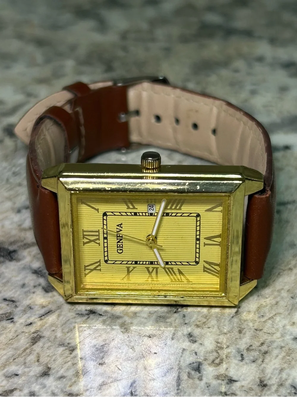 Geneva 37mm Gold Tone Tank Quartz Watch Brown Strap Read
